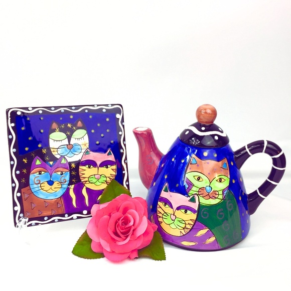 Milson and Louis Whimsical Cats Hand Painted Ceramic Teapot and Coaster Set - Picture 1 of 9